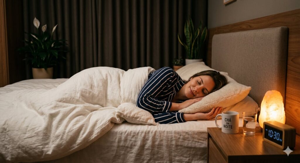 Pessoa dormindo em um quarto confortável com ambiente preparado para uma boa noite de sono