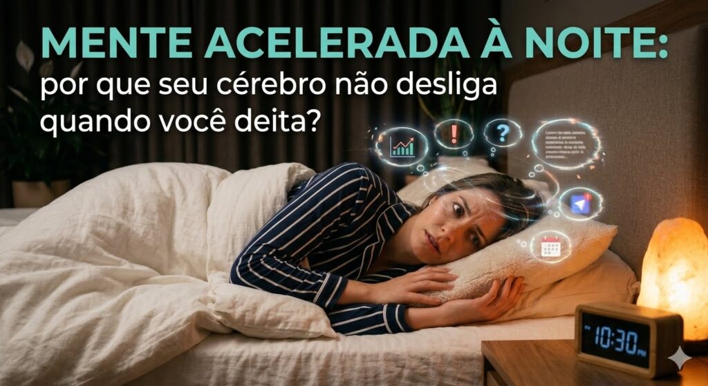 Pessoa deitada na cama com mente acelerada antes de dormir representando excesso de pensamentos durante a noite